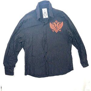 P Planet Shirt Mens Eagle Print Metallic Thread Button Up Long Sleeve Black